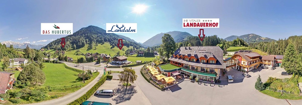 Panorama von Schladming-Rohrmoos Untertal mit Restaurant Landalm, Hotel vitaler Landauerhof, Appartementhaus Hubertus